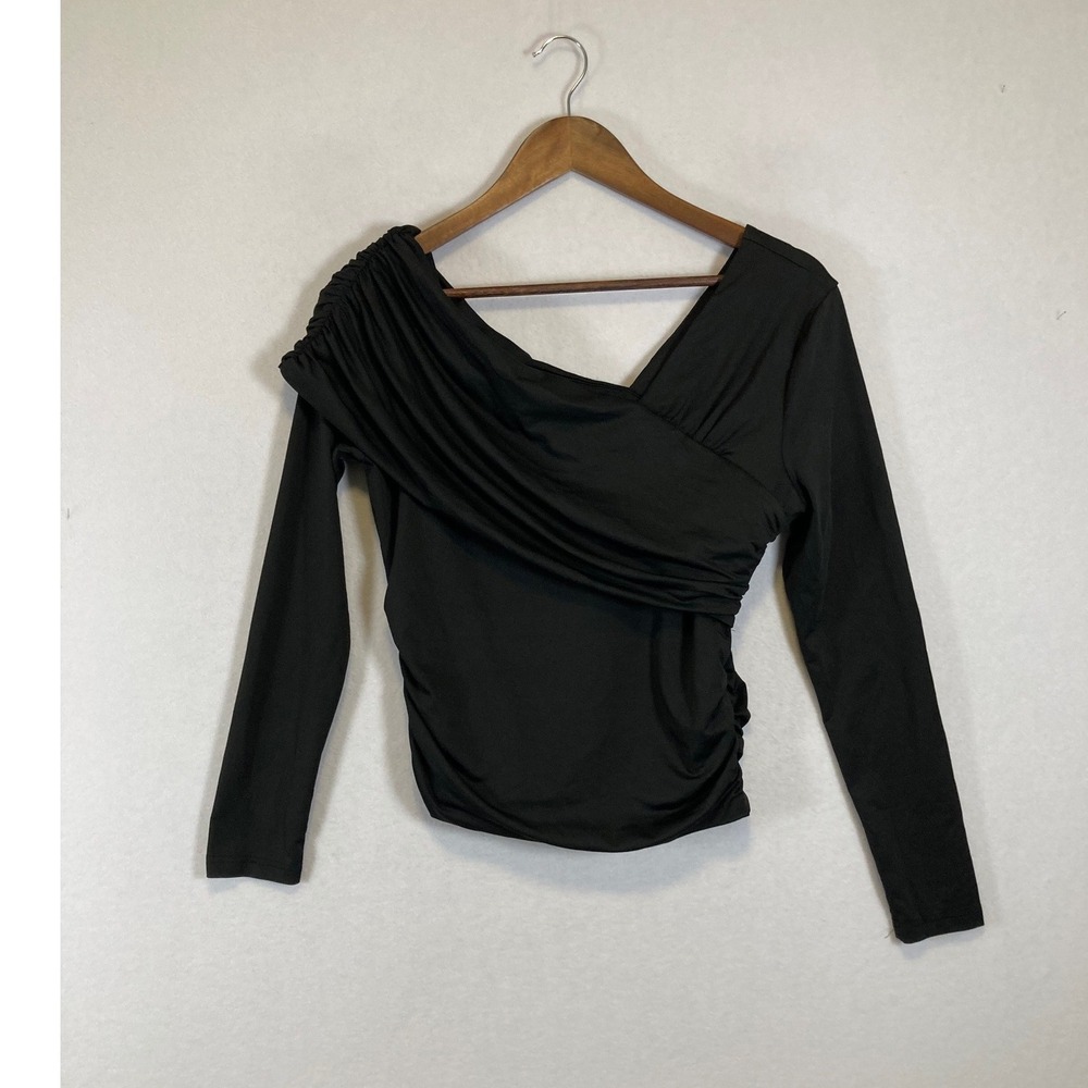 Chic Asymmetrical Showpo Women Size 10 Black Ruched Wrap Long Sleeve Top